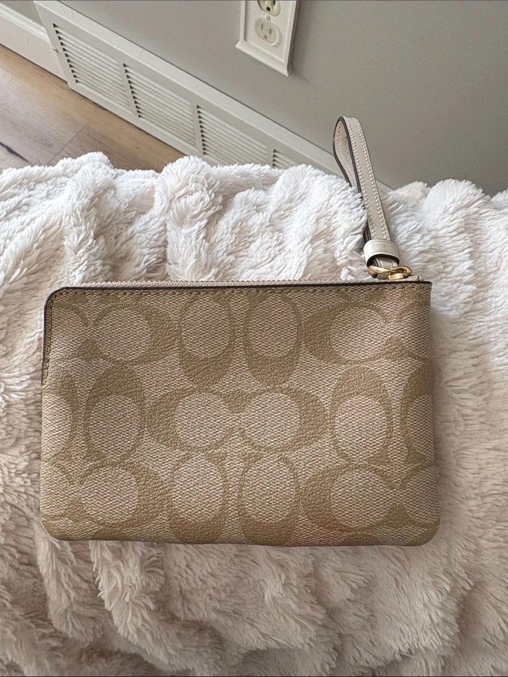 Coach Beige Signature Canvas Wristlet with Cream Center Panel
